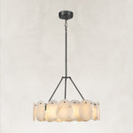 Black petal chandelier with canopy and full suspension.