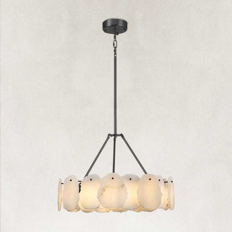 Black petal chandelier with canopy and full suspension.