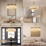 Brass-tone petal chandelier in four room settings.