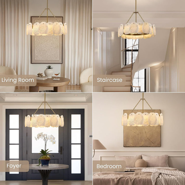Brass-tone petal chandelier in four room settings.