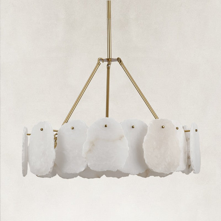 Unlit brass-tone round petal chandelier.