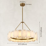 Dimension drawing for the Petal Round LED Chandelier, 32 in, with fixture and canopy measurements