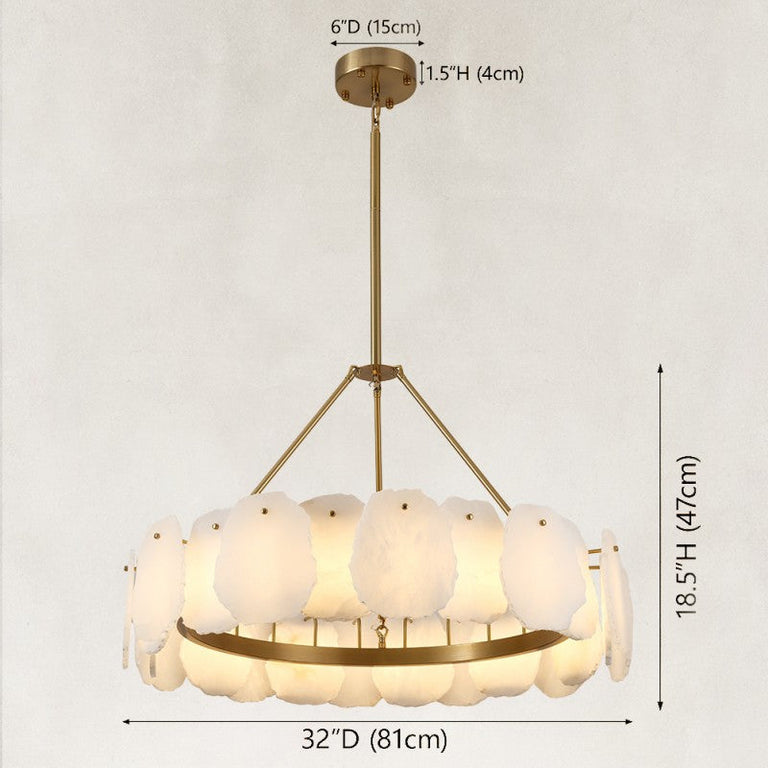 Dimension drawing for the Petal Round LED Chandelier, 32 in, with fixture and canopy measurements
