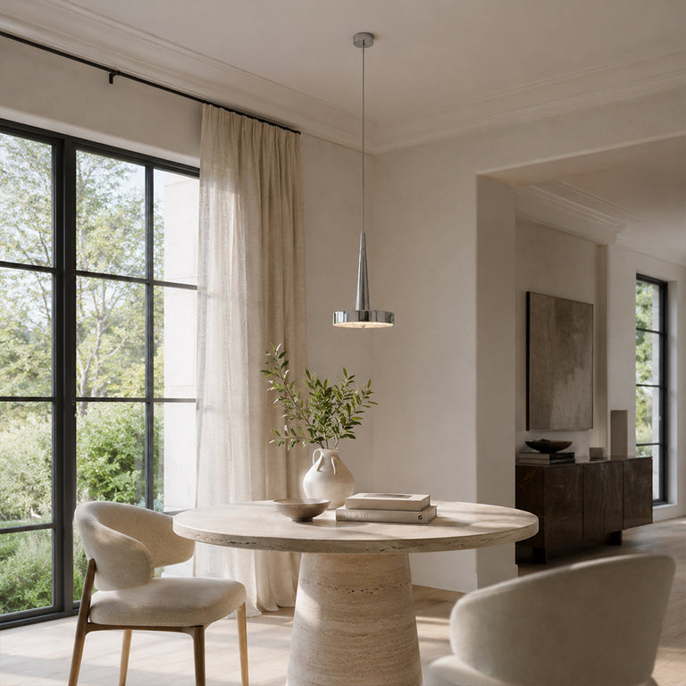 Polished Chrome Marble Drum Pendant installed above a dining table