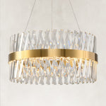 Brass round chandelier with crossing clear K9 crystal prisms