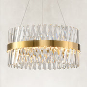 Brass round chandelier with crossing clear K9 crystal prisms