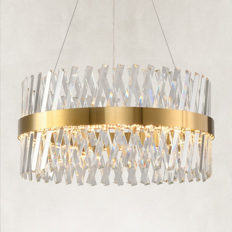 Brass round chandelier with crossing clear K9 crystal prisms