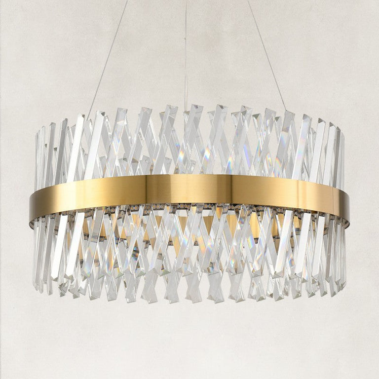 Brass round chandelier with crossing clear K9 crystal prisms