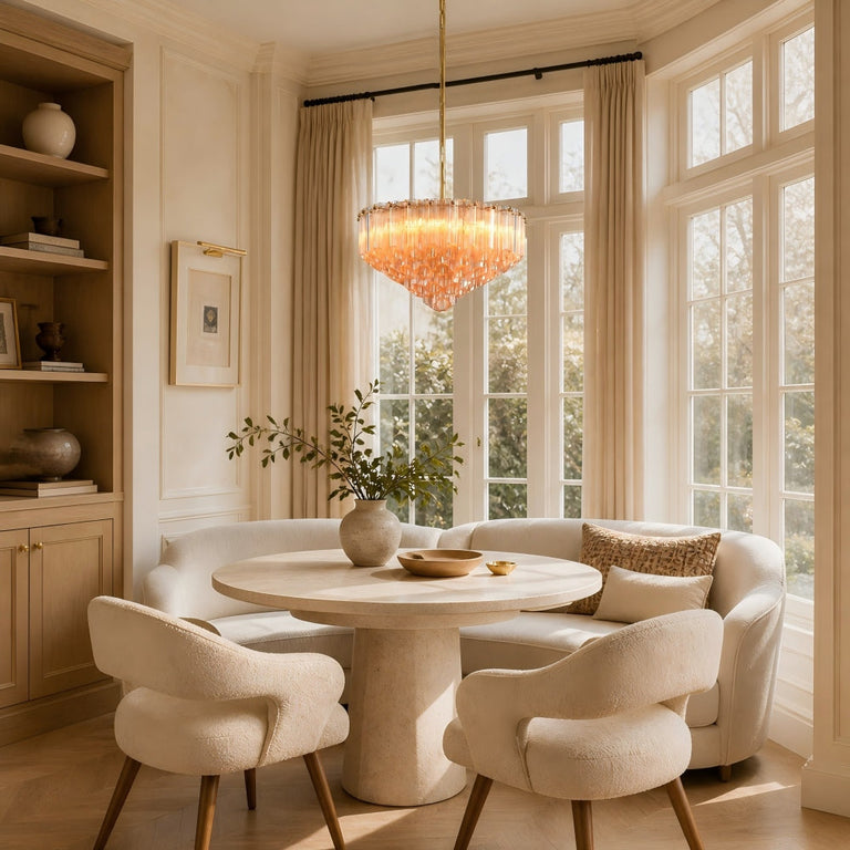 Stepped tube-glass chandelier, amber fixture in bright dining room.