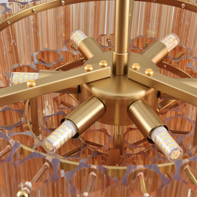 Stepped tube-glass chandelier, amber glass and brass-tone internal frame.