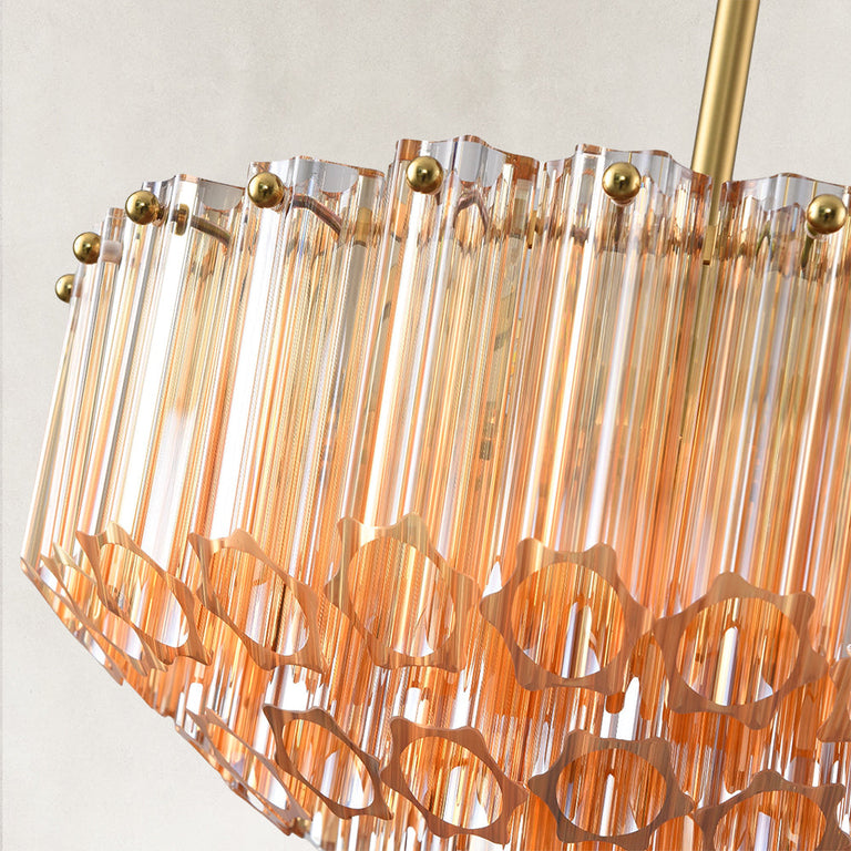 Stepped tube-glass chandelier, amber tubes and brass-tone top rim.