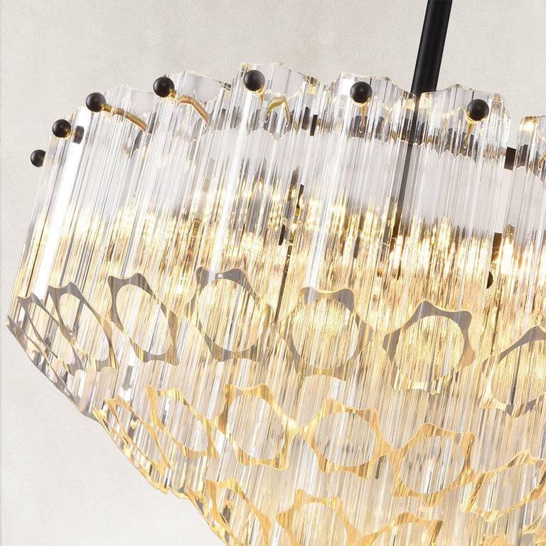 Stepped tube-glass chandelier, clear glass and black upper hardware.
