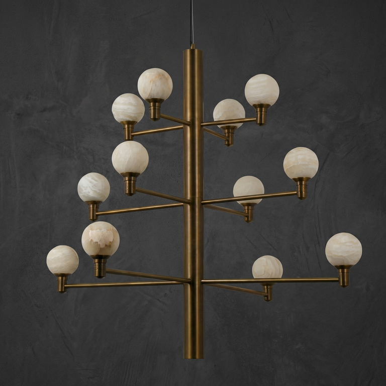 Ramo Modern Large Alabaster Globe Chandelier by Dalmivik, complete fixture view