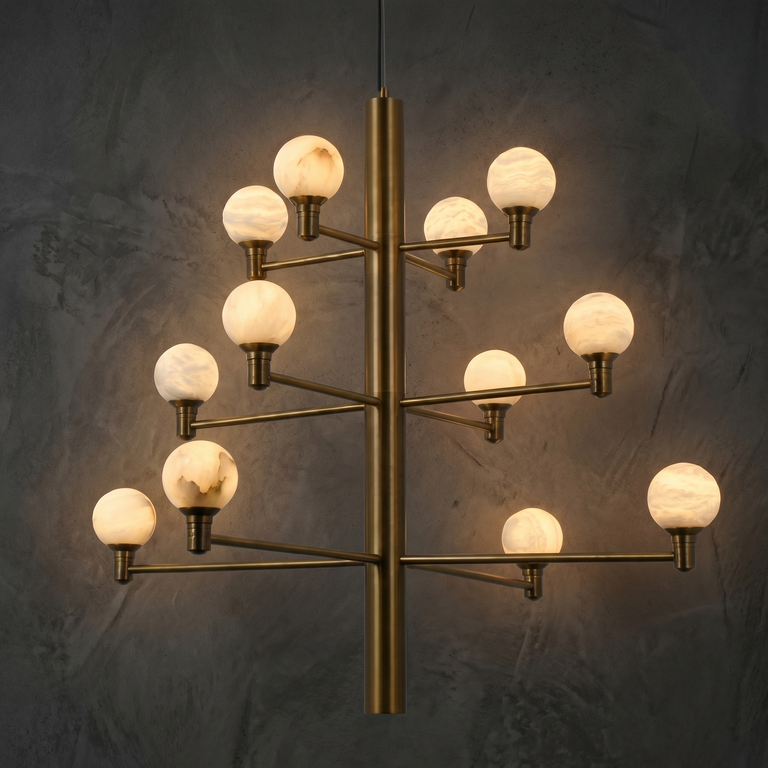 Ramo Modern Large Alabaster Globe Chandelier by Dalmivik, complete fixture view