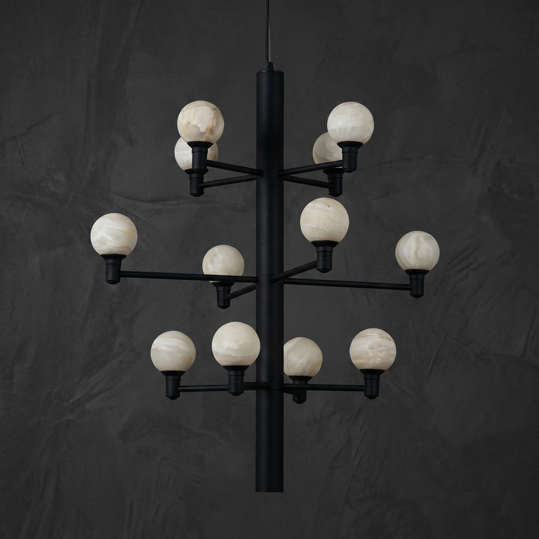 Ramo Globe Black Alabaster Chandelier by Dalmivik, complete fixture view
