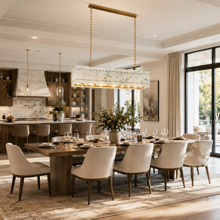 Rectangular Marble Lantern Pendant installed above a dining table