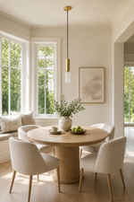 Vertical dining-room scene with the brass ribbed glass mini pendant