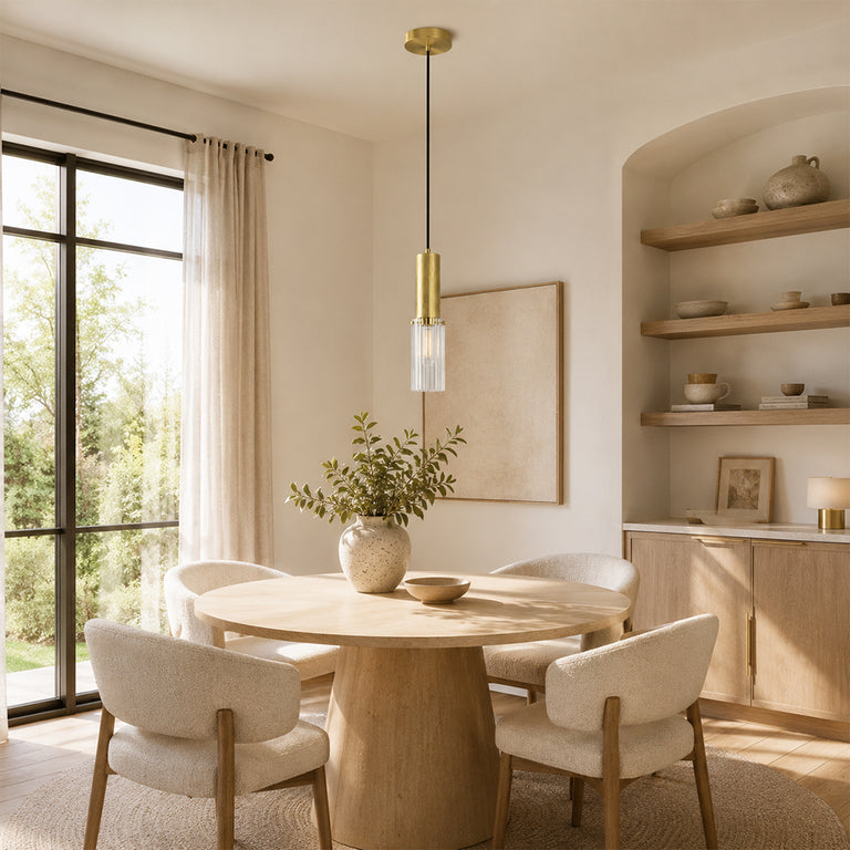 Brass ribbed glass mini pendant in a dining area