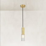 Brass ribbed glass cylinder mini pendant shown as a complete fixture