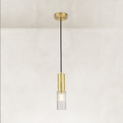 Brass ribbed glass cylinder mini pendant shown as a complete fixture