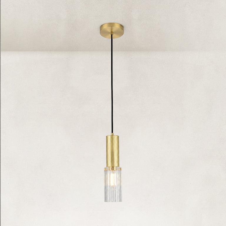 Brass ribbed glass cylinder mini pendant shown as a complete fixture