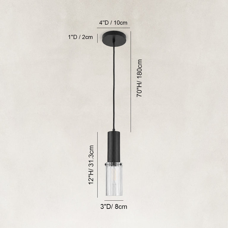 Dimensions of the matte-black ribbed glass cylinder mini pendant