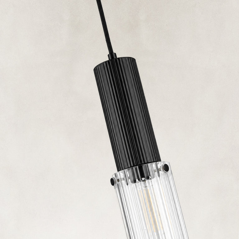 Ribbed clear glass detail on the matte-black mini pendant