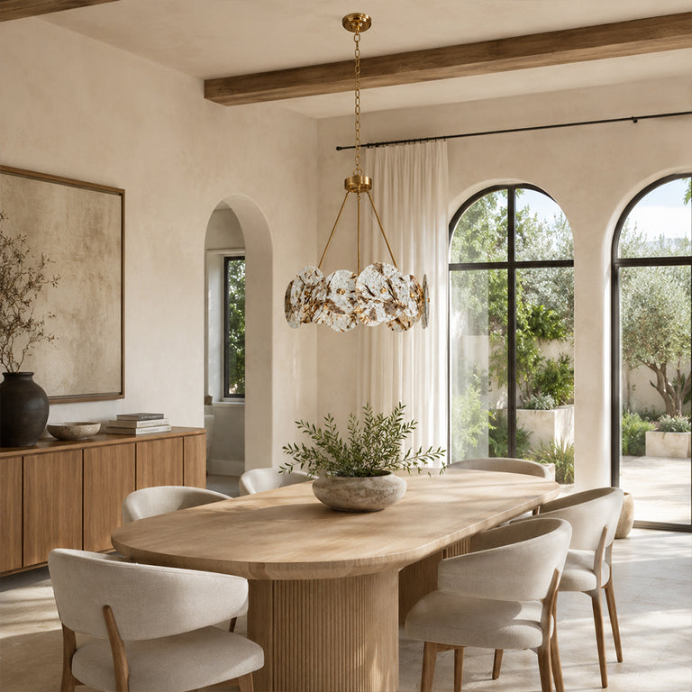 Ringed Marble Disc Chandelier 23.6" installed above a dining table