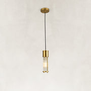 Brass ringed ribbed glass mini pendant shown as a complete fixture
