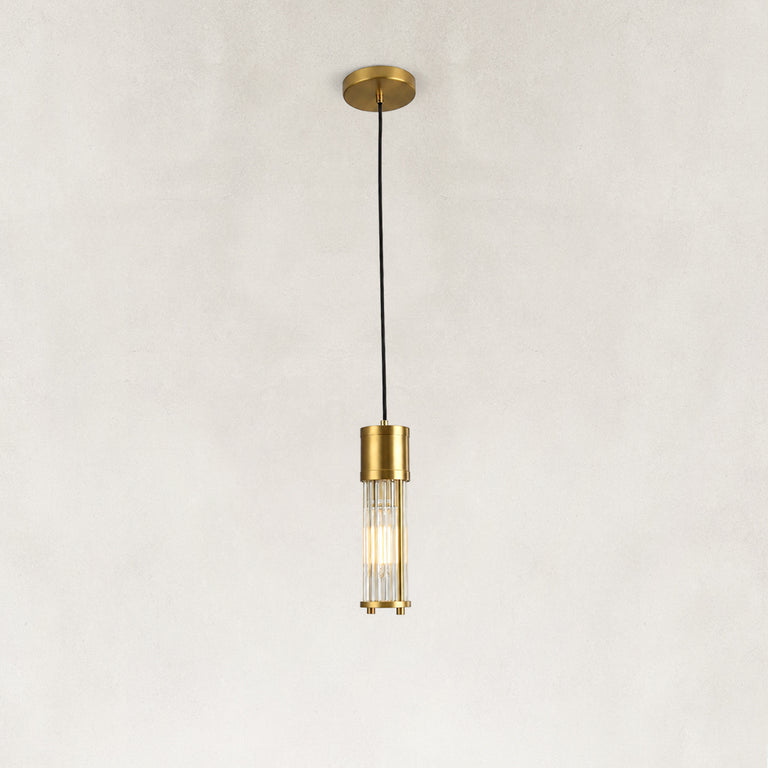 Brass ringed ribbed glass mini pendant shown as a complete fixture