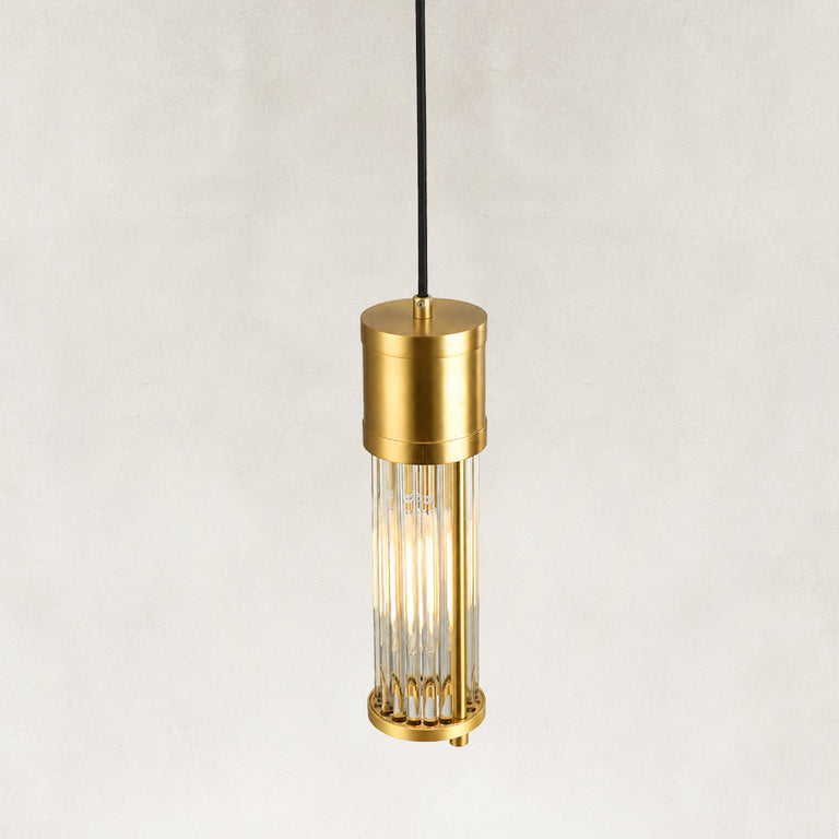 Clear glass rod detail on the brass ringed mini pendant