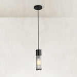 Matte-black ringed ribbed glass mini pendant shown as a complete fixture