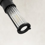 Clear glass rod detail on the matte-black ringed mini pendant