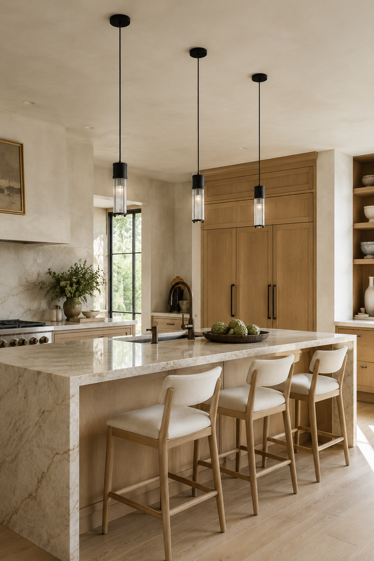 Vertical kitchen scene with the matte-black ringed ribbed glass mini pendant