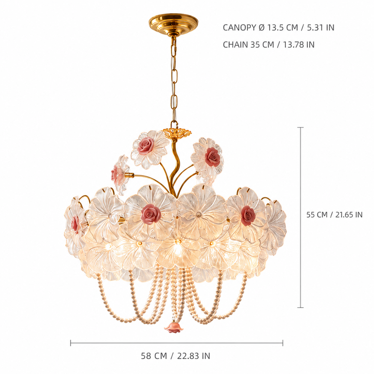 Rosalie Grande Glass Flower Chandelier dimension and specification diagram