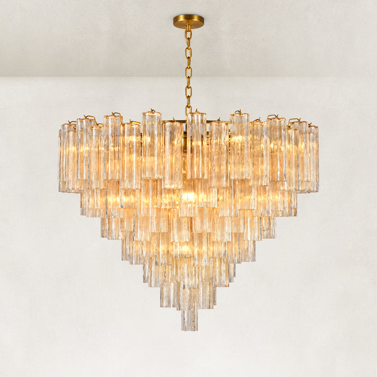 Round Tiered Glass Chandelier illuminated