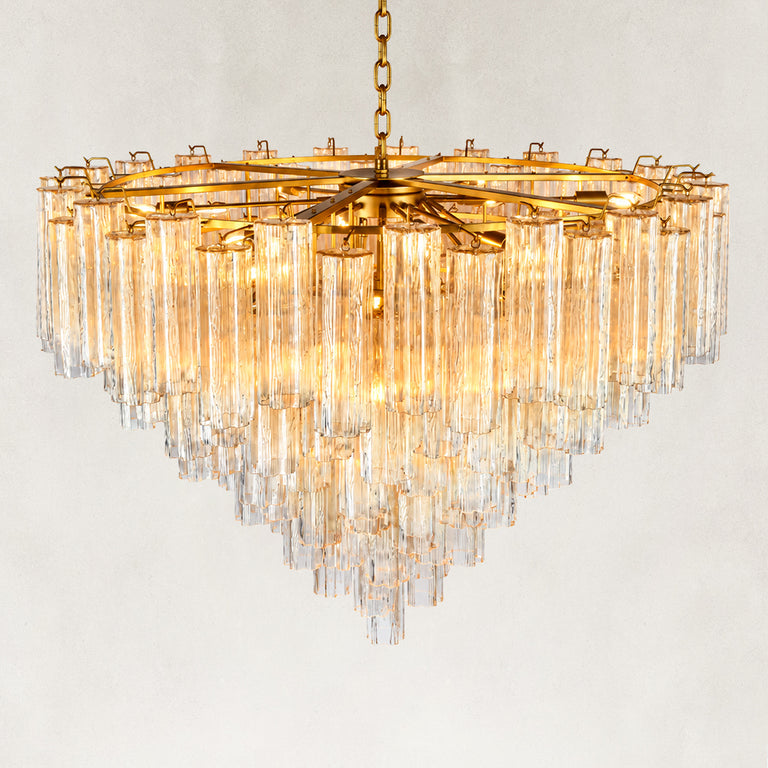 Upper frame and layered glass detail of the round chandelier