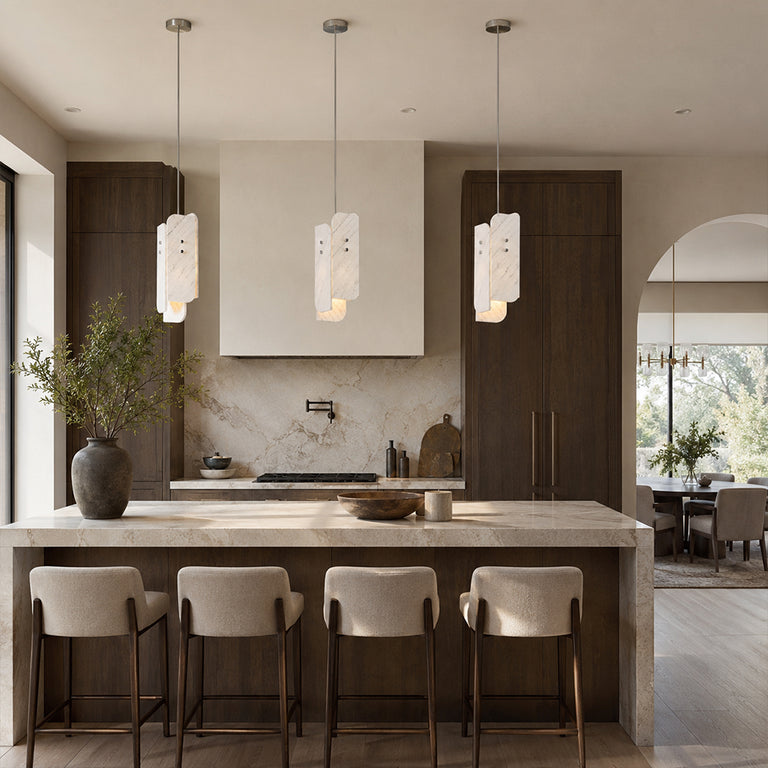 Rounded Four-Panel Marble Pendant displayed in a furnished interior
