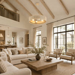Neutral slatted ring chandelier, 24-inch beam-ceiling living room.