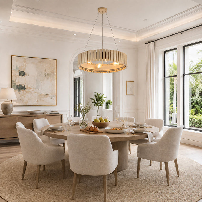 Neutral slatted ring chandelier, 24-inch bright round dining room.