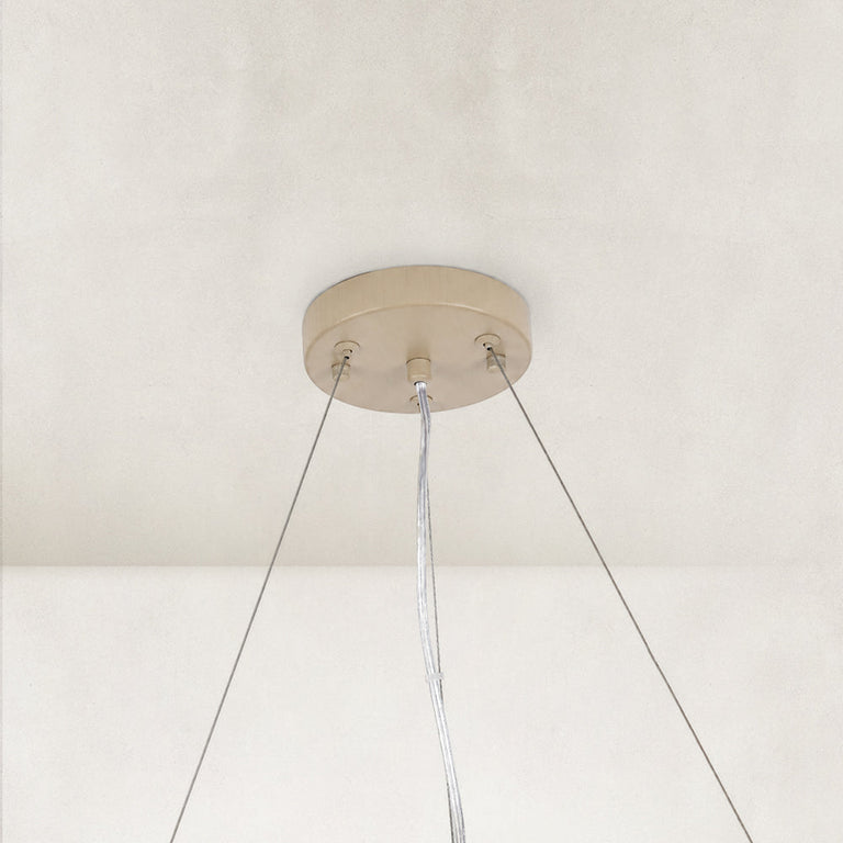 Neutral slatted ring chandelier, 24-inch canopy and cables.