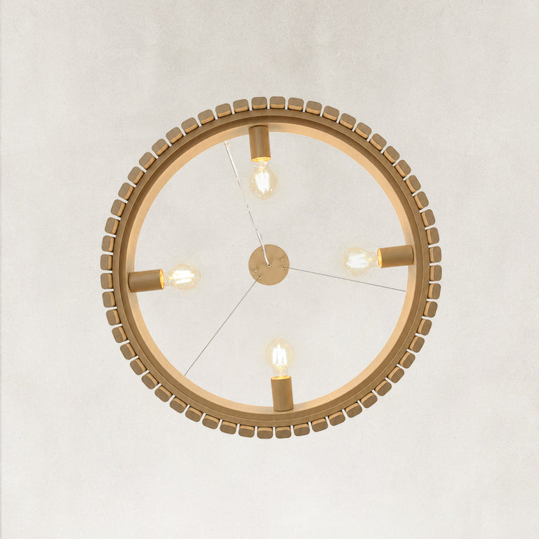 Neutral slatted ring chandelier, 24-inch four-holder underside.