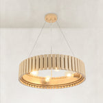 Neutral slatted ring chandelier, 24-inch lit lower angle.