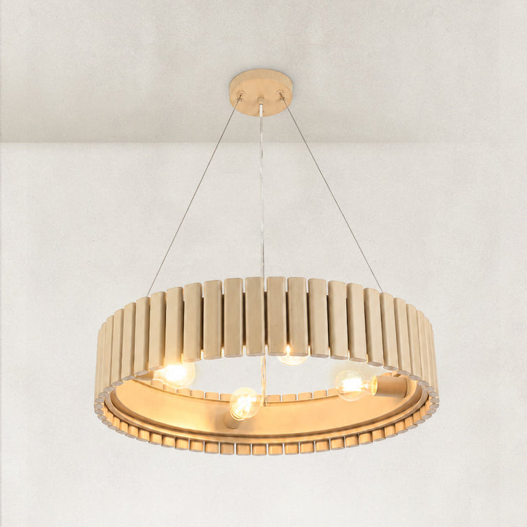 Neutral slatted ring chandelier, 24-inch lit lower angle.