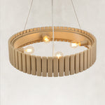 Neutral slatted ring chandelier, 24-inch lit upper angle.