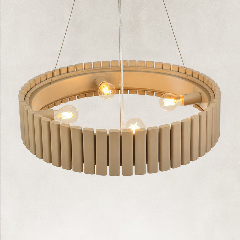 Neutral slatted ring chandelier, 24-inch lit upper angle.