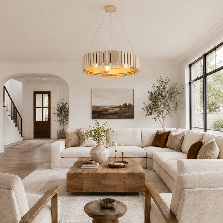 Neutral slatted ring chandelier, 24-inch stair-side living room.
