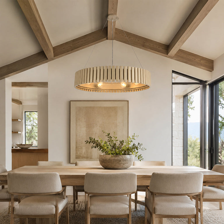 Neutral slatted ring chandelier, 31-inch beam-ceiling dining room.