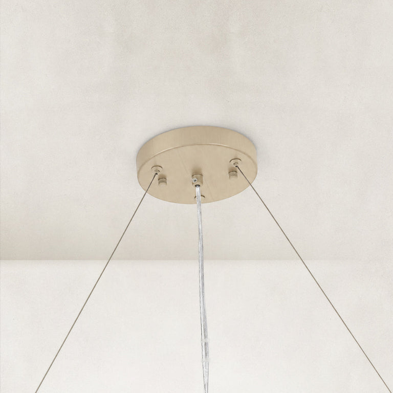 Neutral slatted ring chandelier, 31-inch canopy and cables.