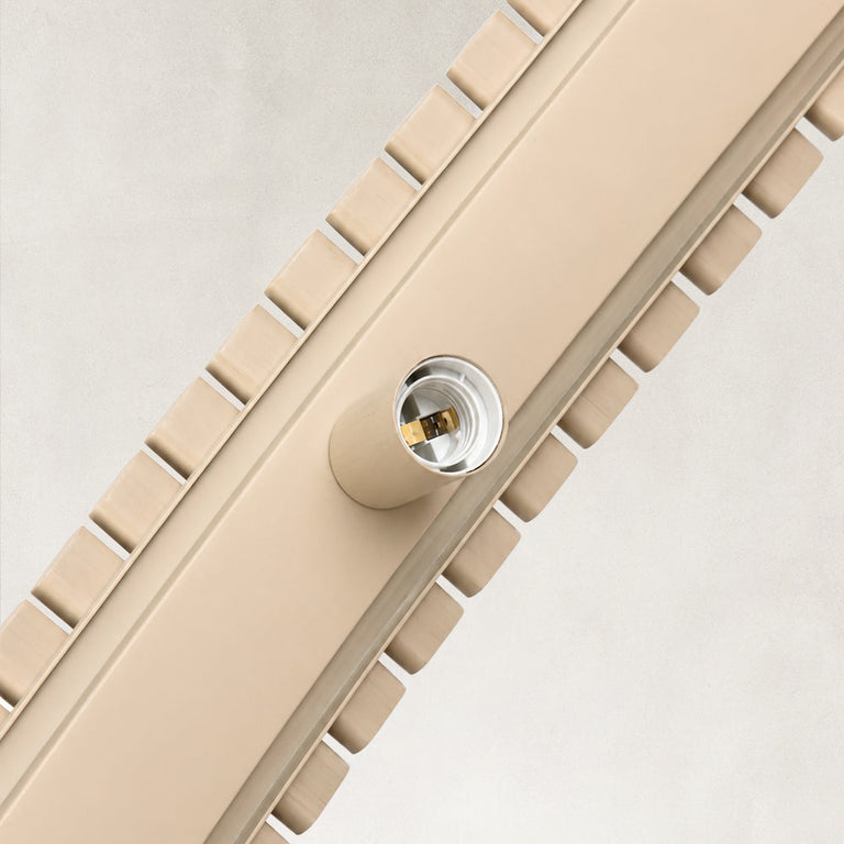 Neutral slatted ring chandelier, 31-inch holder and slatted rim.